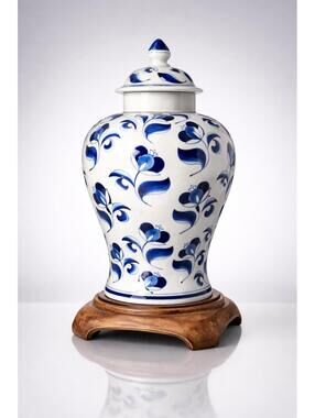 Reed & Barton 1990s Chinoise Lidded Blue White Temple Ginger Jar on Stand, 8x14”